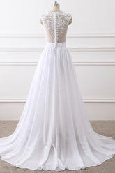 Elegant Jewel Chiffon Lace White Wedding Dress A-Line Sleeveless Appliques Bridal Gowns with Slit On Sale-27dress
